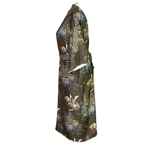 Japanese Kimono Brown Multicolor Mens Pagoda Samurai Helmet Print Lined Belt - Picture 5 of 8